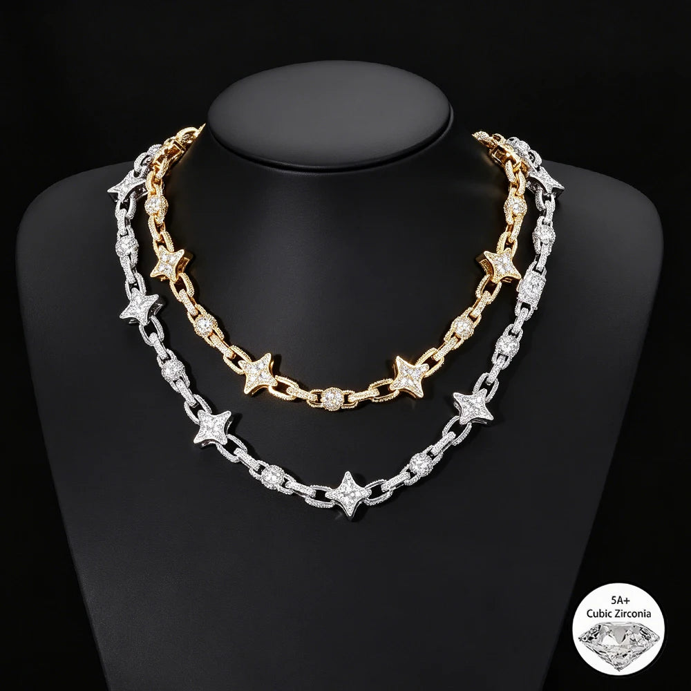 NUOYA Star Cuban Link Chain Gold Silver Color Iced Out CZ Zircon Hip Hop Necklace For Men Women Bling Bling Jewelry