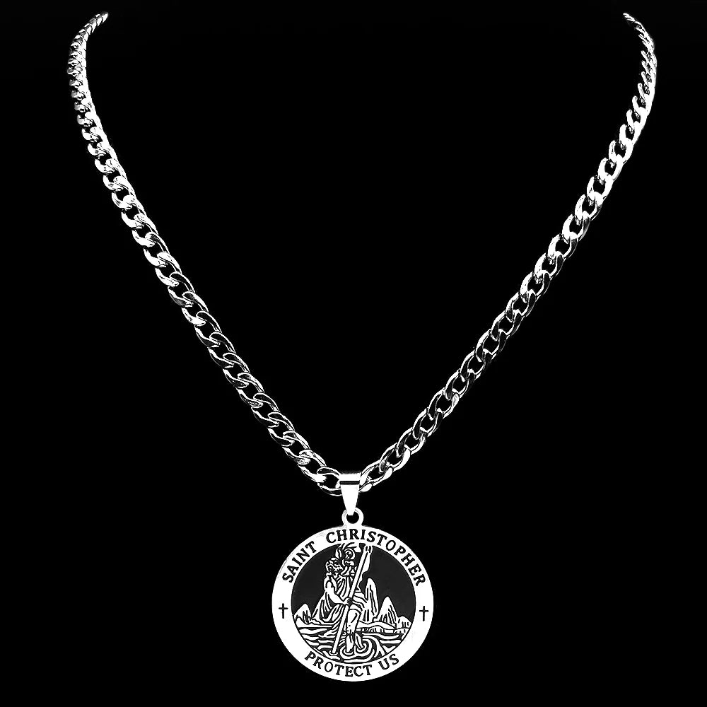 Saint Christopher Protect Us Enamel Medal Pendant Necklace for Women Men Stainless Steel Christian Chain Amulet Jewelry