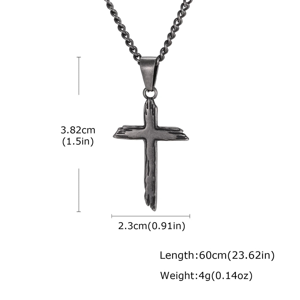 Wood Textured Cross Necklace for Men — Stainless Steel Chain