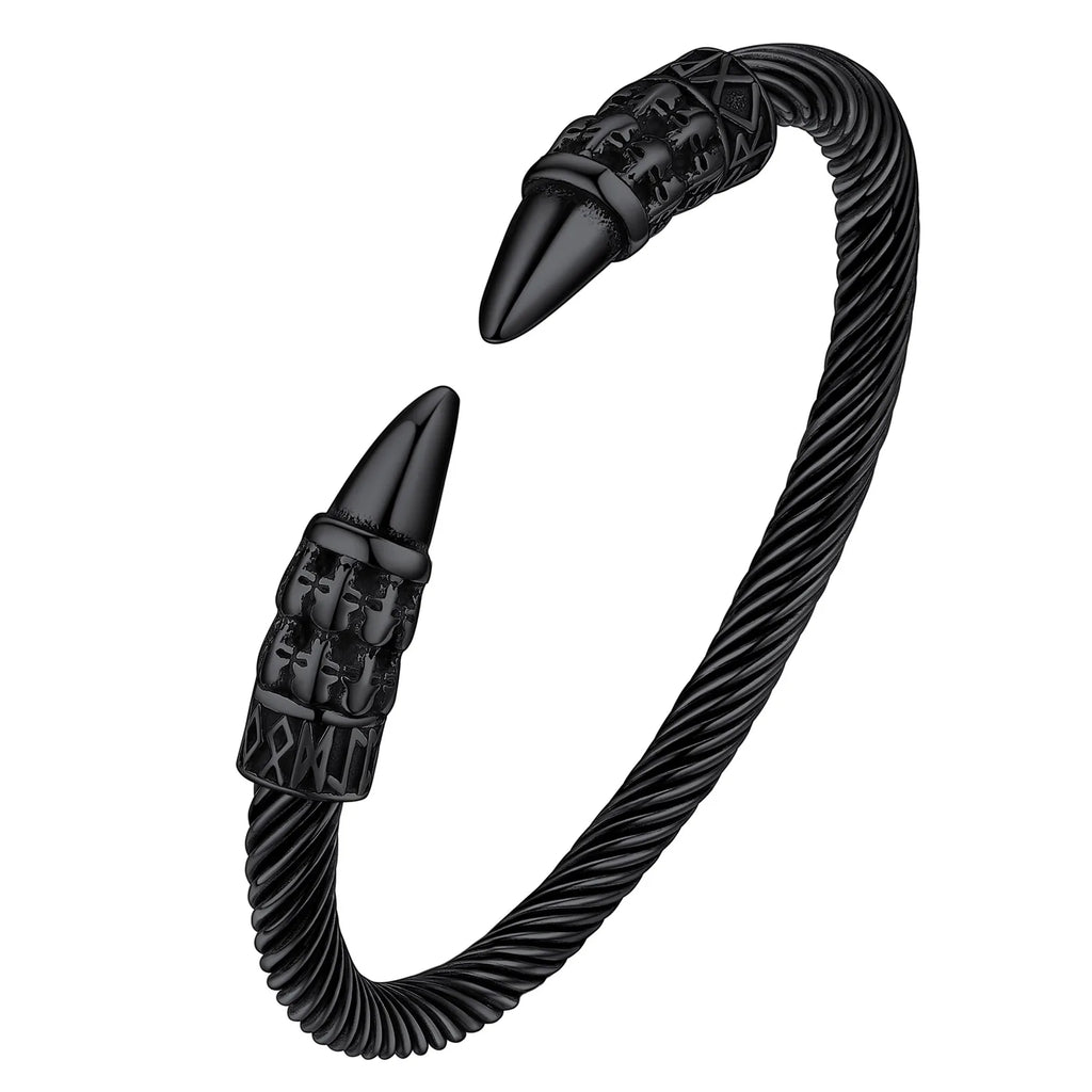U7 Stainless Steel 6mm Wide Twristed Cable Open Bangle Cuff for Man Skull Dragon Long Charm End Rock Gothic Punk Jewelry Gift