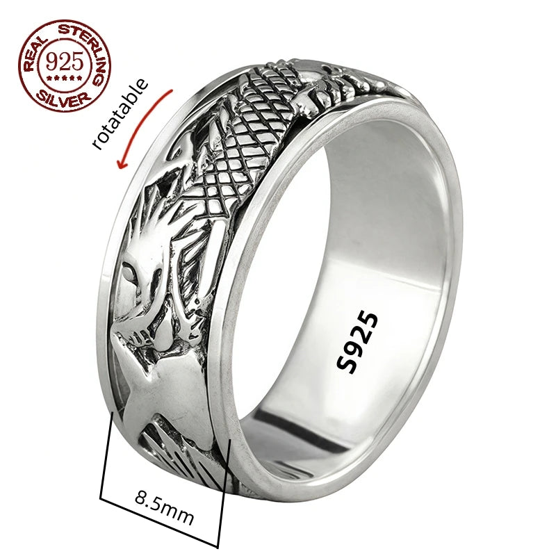 Handmade 12mm Width Real S925 Sterling Silver Lucky Dragon Double Layer Rotatable Closed Dragon Ring For Man Woman Fine