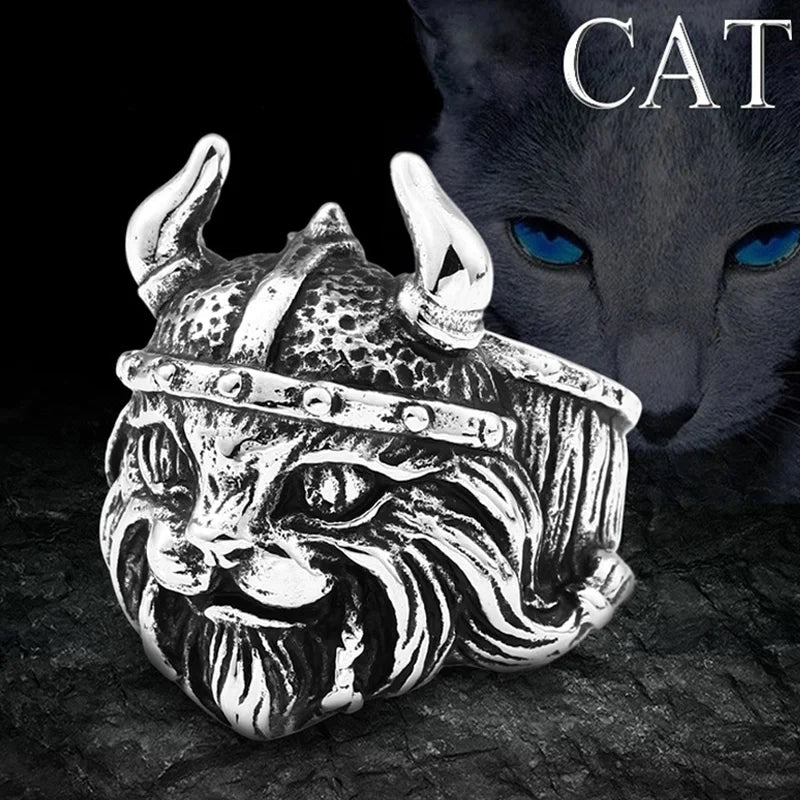 Viking Cat Open Adjustable Ring for Men — Silver-Tone