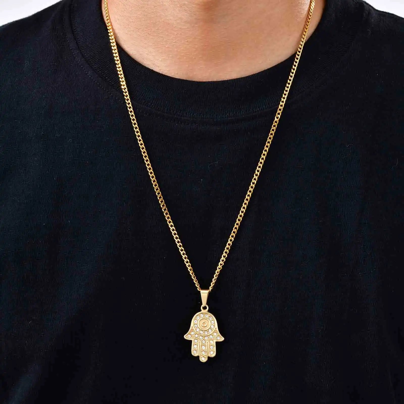 The Hand of Fatima Zircon Necklace for Men,Gold Color Evil Eye Stainless Steel Pendant,Turkish Jewelry Gift