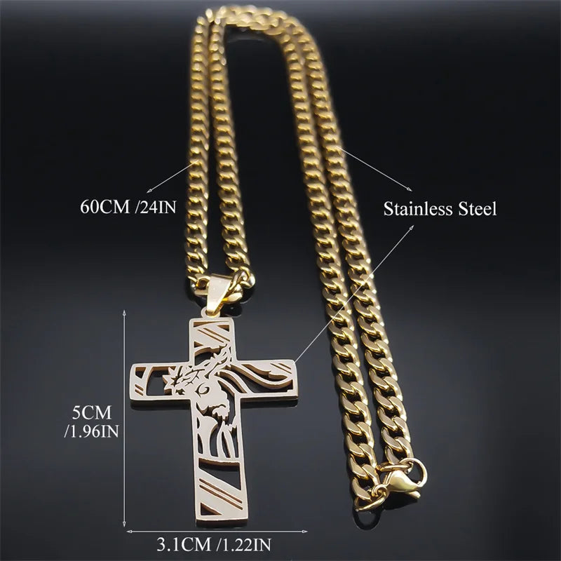 Hip Hop Punk Crown of Thorns Jesus Cross Necklace for Men Stainless Steel Gold Plated Crucifix Pendant Necklaces