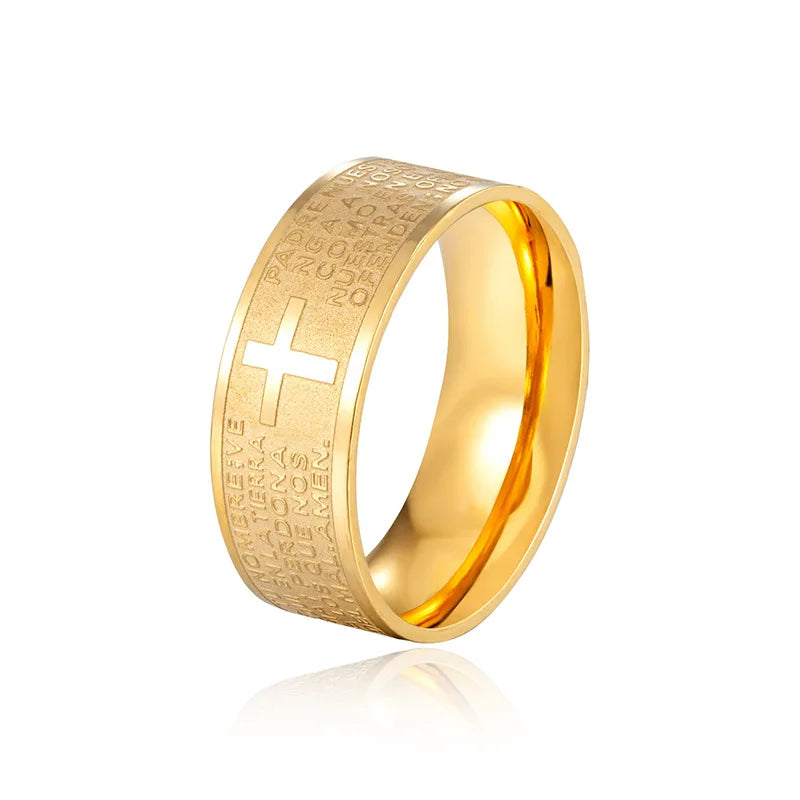 7mm Tone Spanish Golden The Holy Bible Prayer Cross Ring Stainless Steel Rings