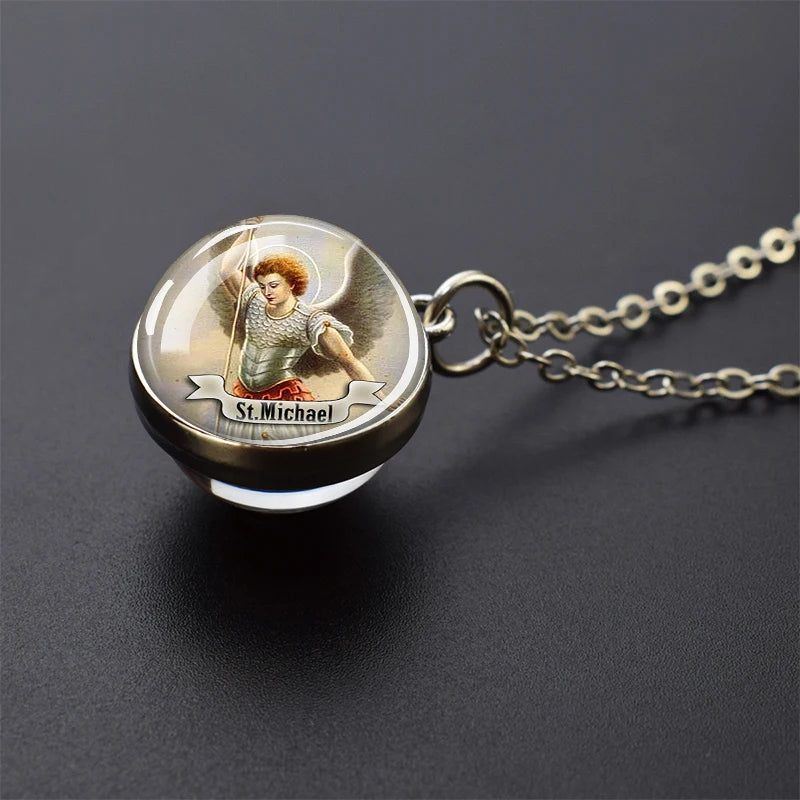 Jesus and Virgin Mary Necklace Saint Michael Jude Anthony Patrick Paul Glass Ball Pendant Religious Jewelry Christian Gift
