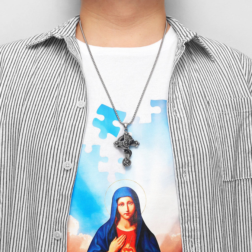 Dragon Circling Cross Religion Stainless Steel Men Women Necklaces Pendants Chain Punk Trendy Jewelry Creativity Gift Wholesale