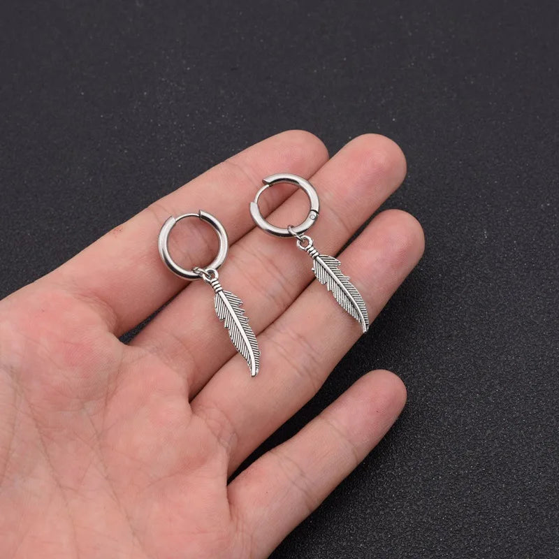 Vintage Feather Round Hoop Earrings — Stainless Steel