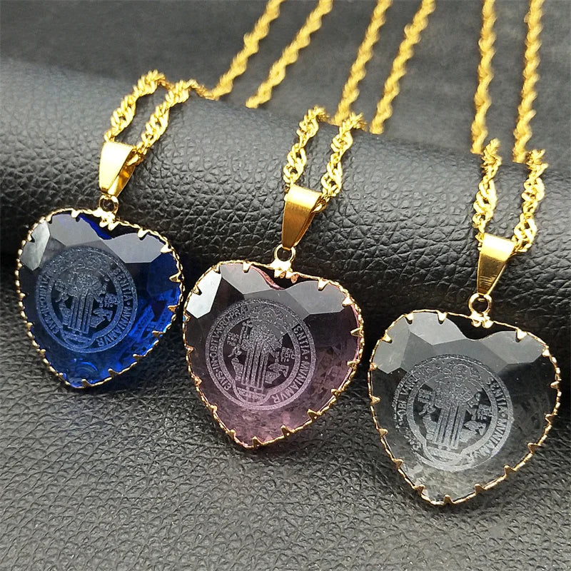 Saint Benedict Blue Heart Necklace — Stainless Steel