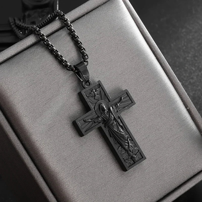 Men\'s Cross Necklace Stainless Steel Silver Color Faith Cross Bible Verse Dog Tag Pendant Necklace Birthday Gifts for