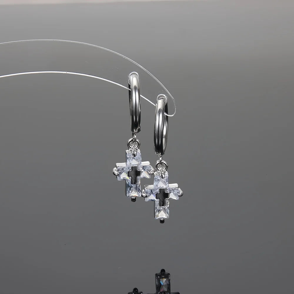 Retro Crystal Zircon Cross Drop Earrings — Silver-Tone