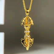 Iced Out Gold-Tone Vajra CZ Pendant Necklace — Stainless Steel
