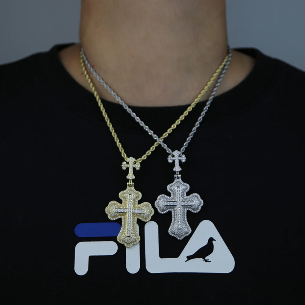 New Iced Out Bling CZ Cross Pendant Necklace Silver Color Prong Setting Cubic Zirconia Jesus Charm Men Women Hip Hop