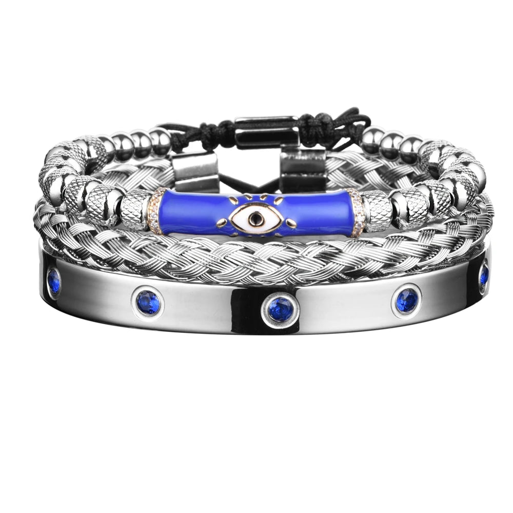 Luxury Set Enamel Eye Bracelet Roman Bracelet Royal Crown Charm Men Stainless Steel Geometry Pulseiras Open Adjustable