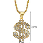 Hip Hop Iced Out Bling Dollar Sign Pendant Gold Color Stainless Steel Rapper Money Necklace For Men Women Hippie Jewelry Gift