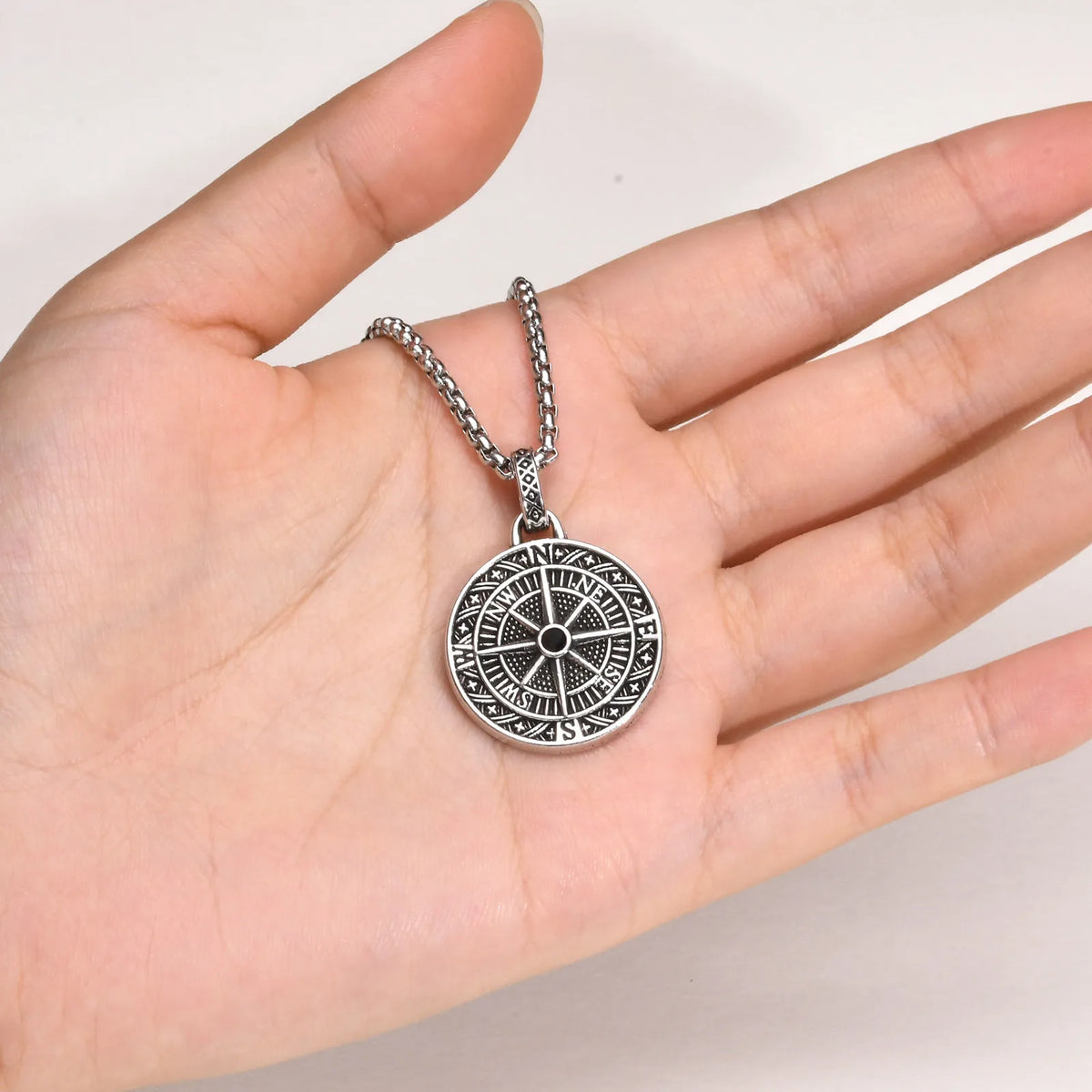 Vintage Compass Coin Pendant Necklace — Stainless Steel