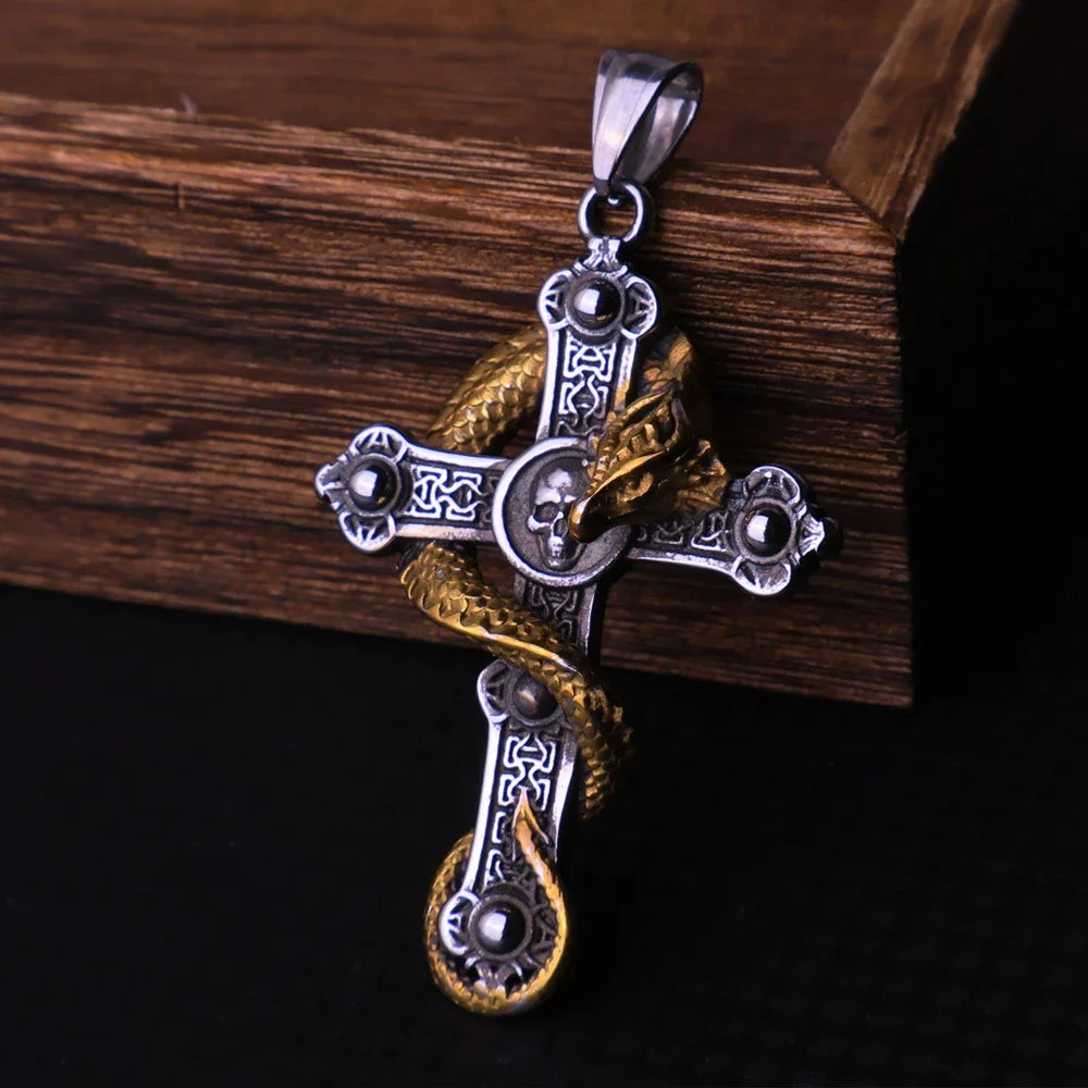 Gothic Skull Cross Dragon Pendant Necklace — Stainless Steel
