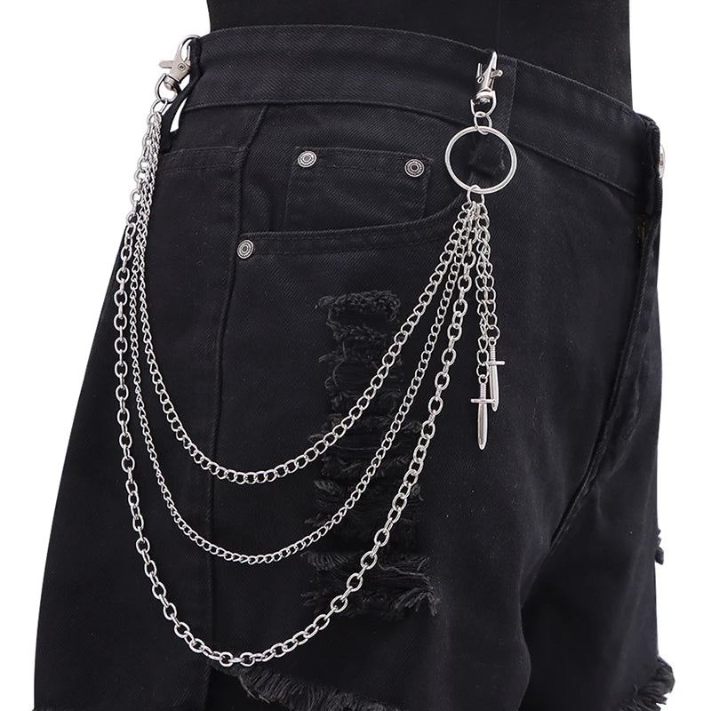 Punk Spike Rivet Layered Metal Chain Keychains For Men Women Pants Jeans Biker Gothic Rock Belt Chains Jewelry Accessories Gift