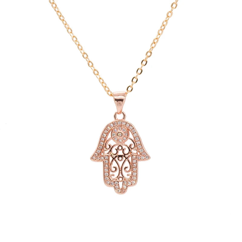 Iced Evil Eye Hamsa Pendant Necklace — Gold-Tone