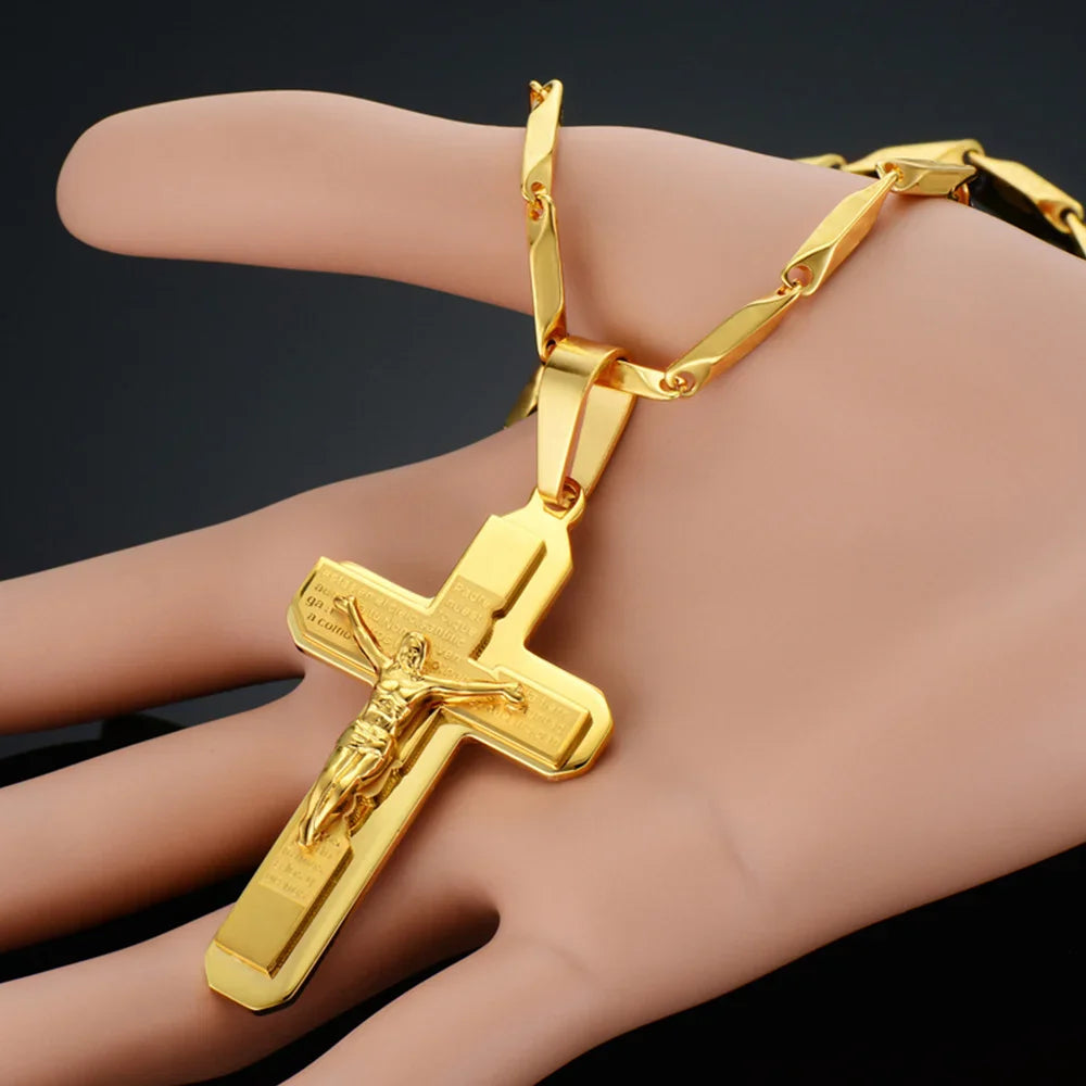 Religious Bible Jesus Cross Pendant Male Gold Color Stainless Steel Chain Crucifix Necklace For Men Christian Jewelry