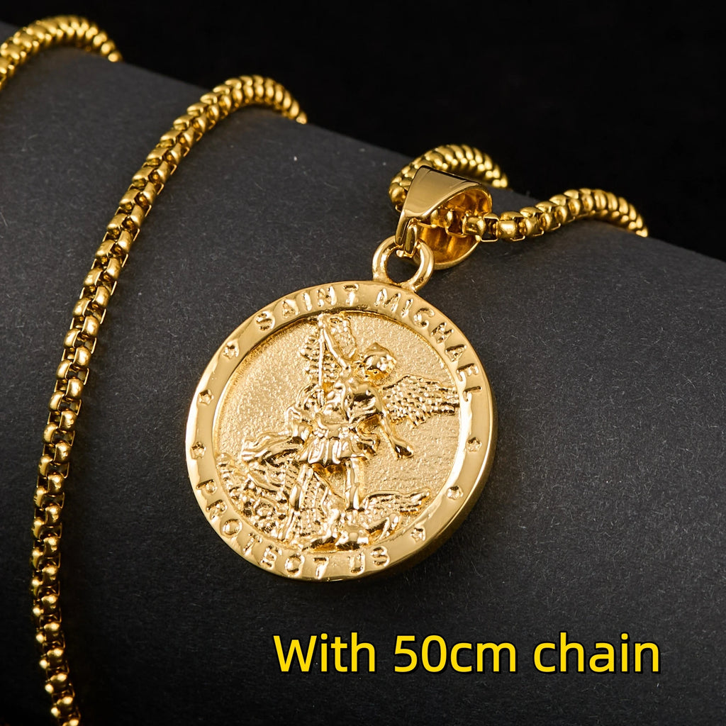 1pc Catholic Angel Michael Gold color round pendant For Men Women Punk 316L Stainless Steel Knight Saint Michael Jewelry Gifts