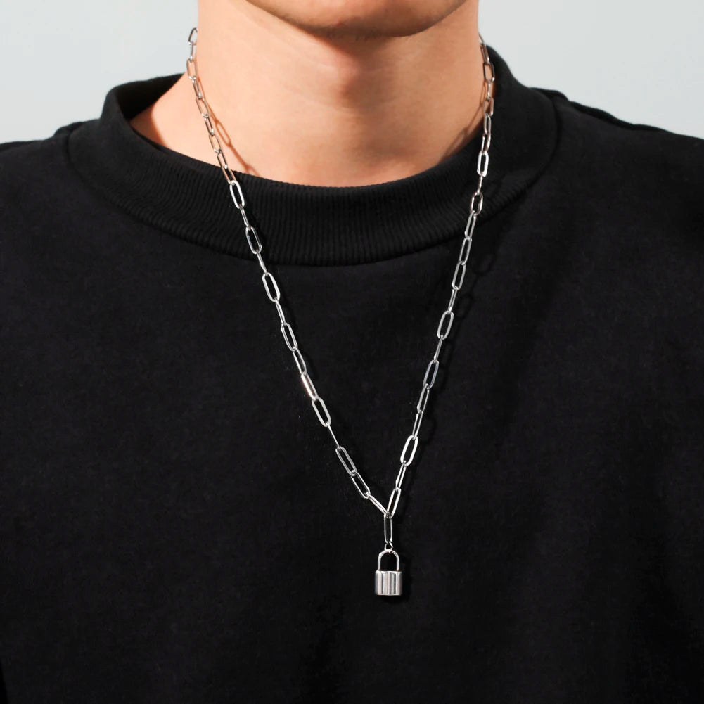 My Shape Fashion 2 Layers Lock Pendant Necklace for Men Punk Stainless Steel Clip Link Chain Necklaces Choker Male Party Jewelry