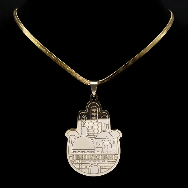 Jerusalem Palace Solomon Hamsa Hand Necklace — Stainless Steel