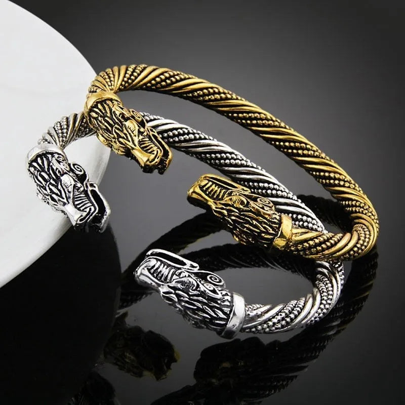 Classic Animal Viking Double Wolf Head Adjustable Bracelet Men Stainless Steel Bracelet Fashion Double Snake Heads