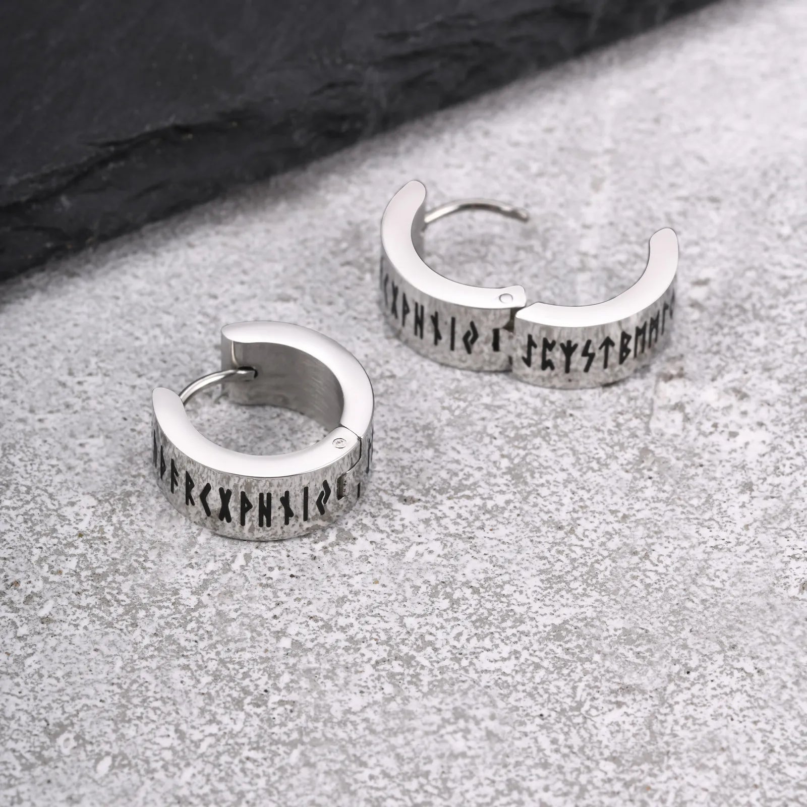 Norse Viking Rune Huggie Hoop Earrings — Two-Tone Steel