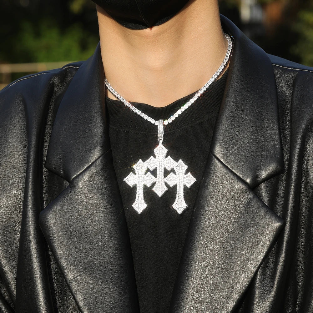 THE BLING KING 3pcs Cross Set Pendant Necklace Iced Out Baguettecz Cubic Zirconia Link Chain Luxury Hiphop Jewelry For