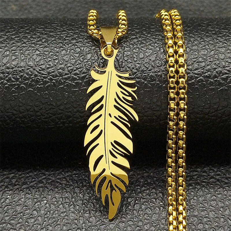 Men's Stainless Steel Feather Pendant Necklace Trendy Fashion Hip Hop Punk Jewelry Accessories Gift For Best Friend