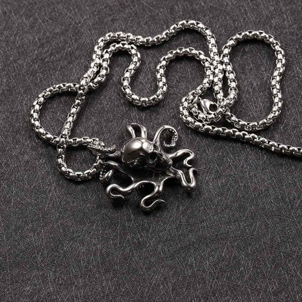 Gothic Pirate Octopus Skull Necklace Pendant Men Retro Street Rock Stainless Steel Octopus Necklace Chain Jewelry
