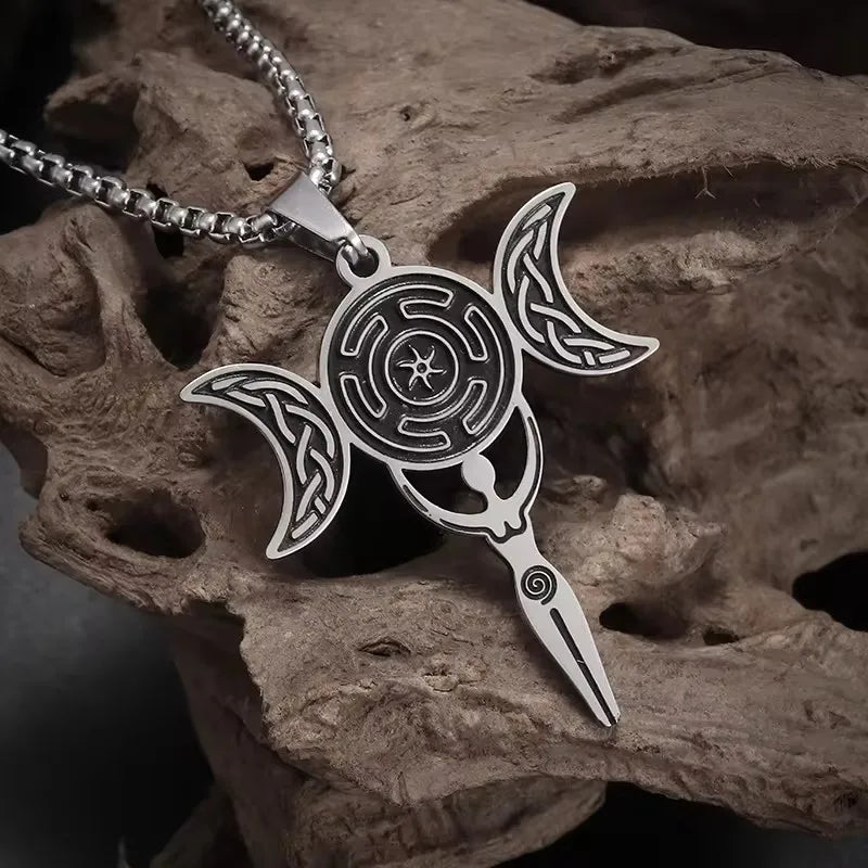 Greek Hecate Triple Moon Pendant Necklace — Stainless Steel