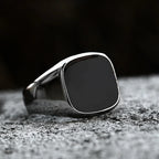 Retro Flat Square Black Glass Onyx Ring For Men Classic Metal Designer Ring Jewelry Rock Hiphop Accessories Unisex Gift