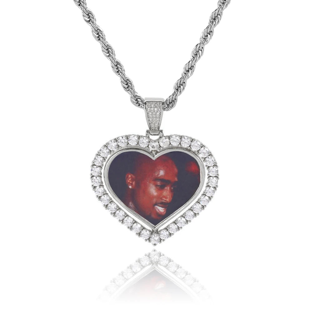 Iced Out Heart Photo Pendant Necklace