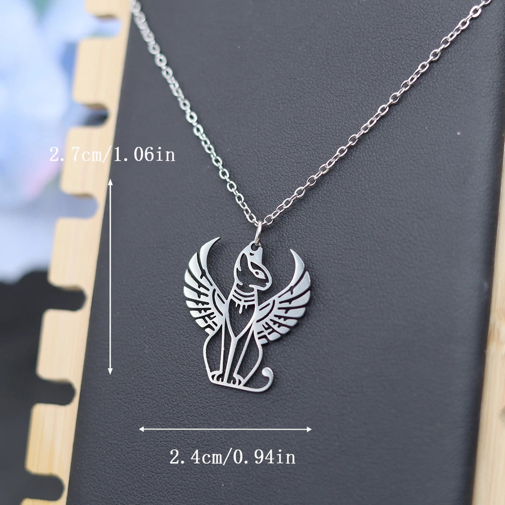 Kinitial Ancient Egyptian Mythology Sphinx Cat Pendant Necklace For Women Men Stainless Steel Trendy Chain Jewelry Gifts