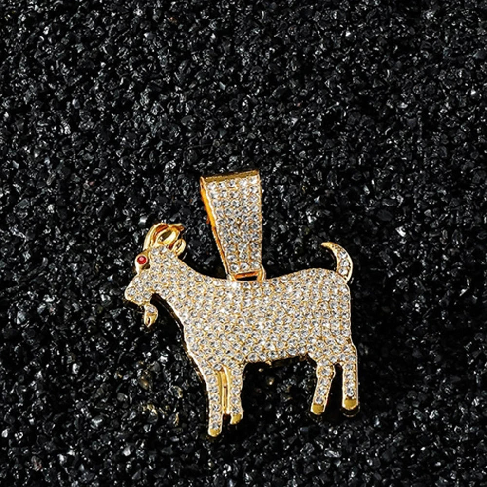 Men Hip Hop Fashion Full Rhinestone Animal Goat Pendant Necklace with 13mm Miami Cuban Chain Necklaces Rapper Rock