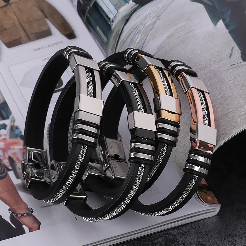 Fashion Stainless Steel Bracelets Men Wrist Band Black Grooved Rudder Silicone Mesh Link Insert Punk Wristband Casual