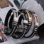 Fashion Stainless Steel Bracelets Men Wrist Band Black Grooved Rudder Silicone Mesh Link Insert Punk Wristband Casual