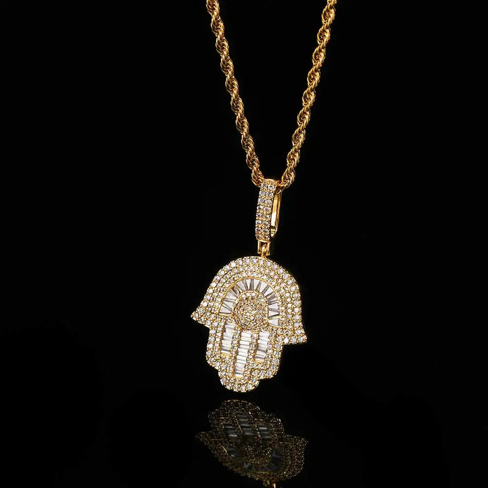 Iced Baguette Hamsa Pendant Necklace — Copper