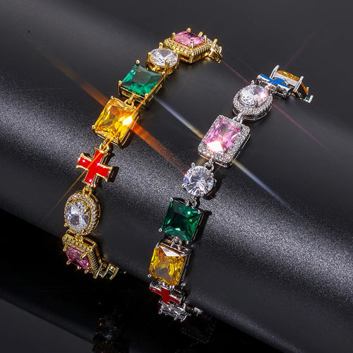 Cross Iced Out Gemstone Bracelet Stainless Steel