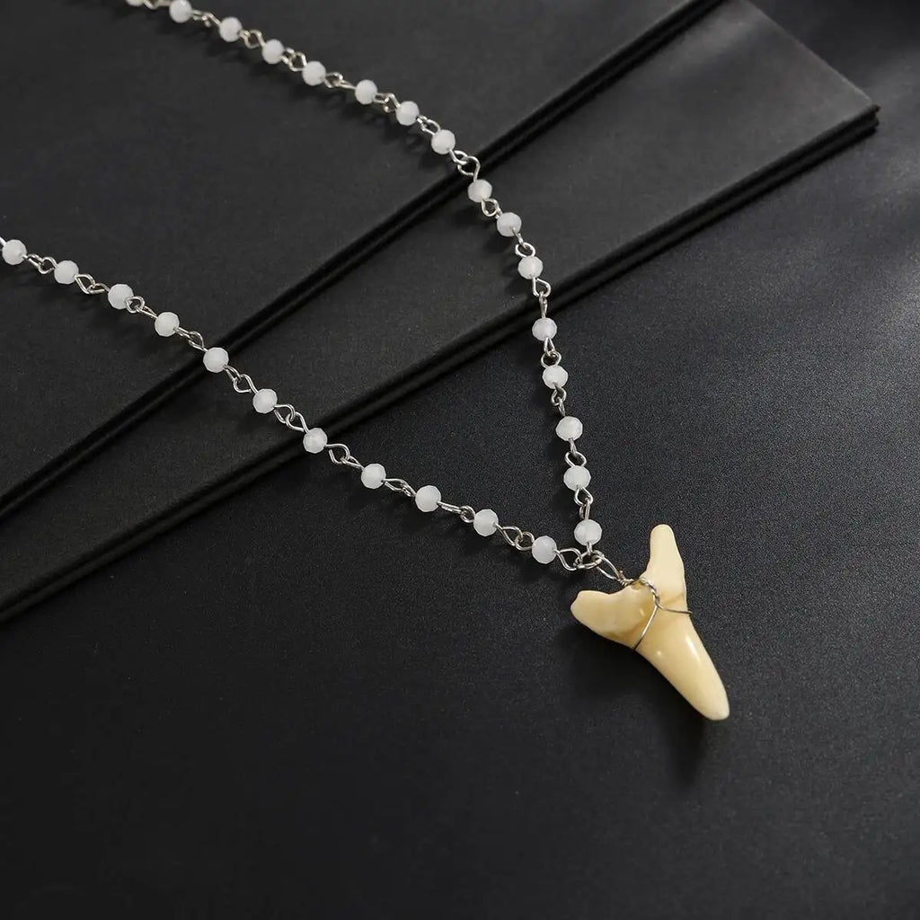 SHIXIN Vintage Exquisite Crystal Beaded Chain Shark Tooth Pendant Necklace Men Trendy Summer Beach Geometric Choker Neck Jewelry
