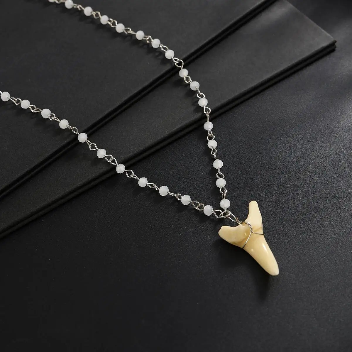 SHIXIN Vintage Exquisite Crystal Beaded Chain Shark Tooth Pendant Necklace Men Trendy Summer Beach Geometric Choker Neck Jewelry