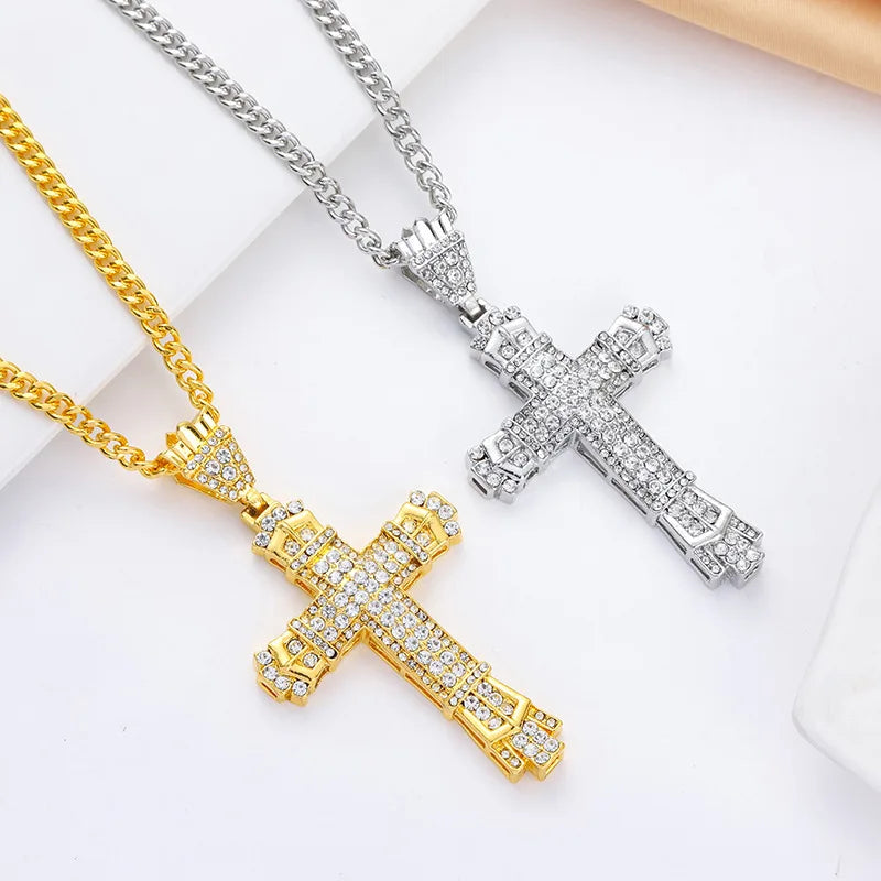 Gold Iced Out Cross Pendant Necklace Vintage Link