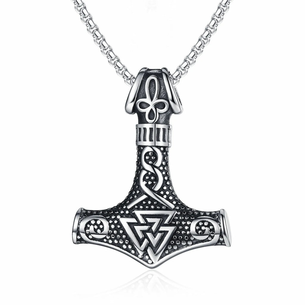 Vintage Viking Animation Style Pendant Necklace Titanium Steel Nordic Thor Hammer Triangle Knot Pendant Men's Necklace