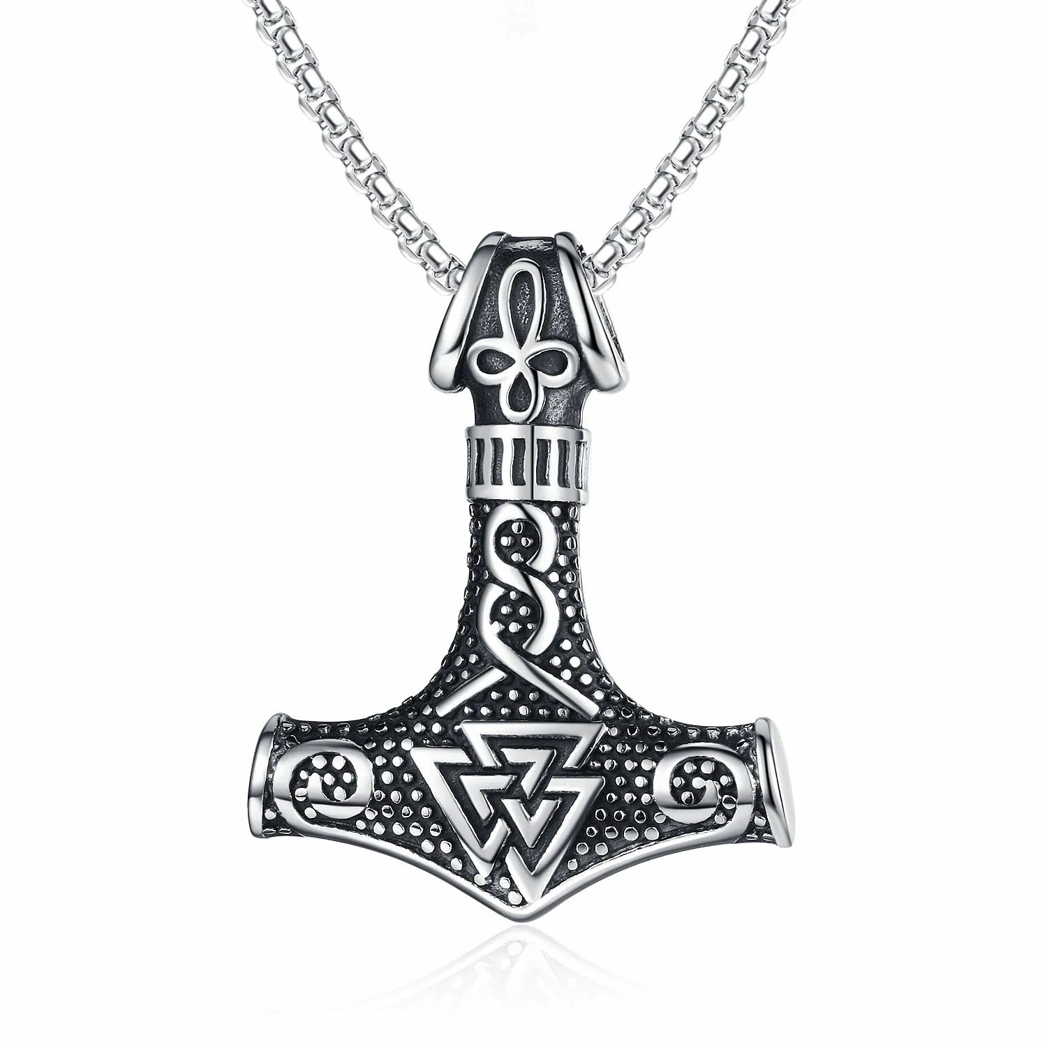 Vintage Viking Animation Style Pendant Necklace Titanium Steel Nordic Thor Hammer Triangle Knot Pendant Men's Necklace