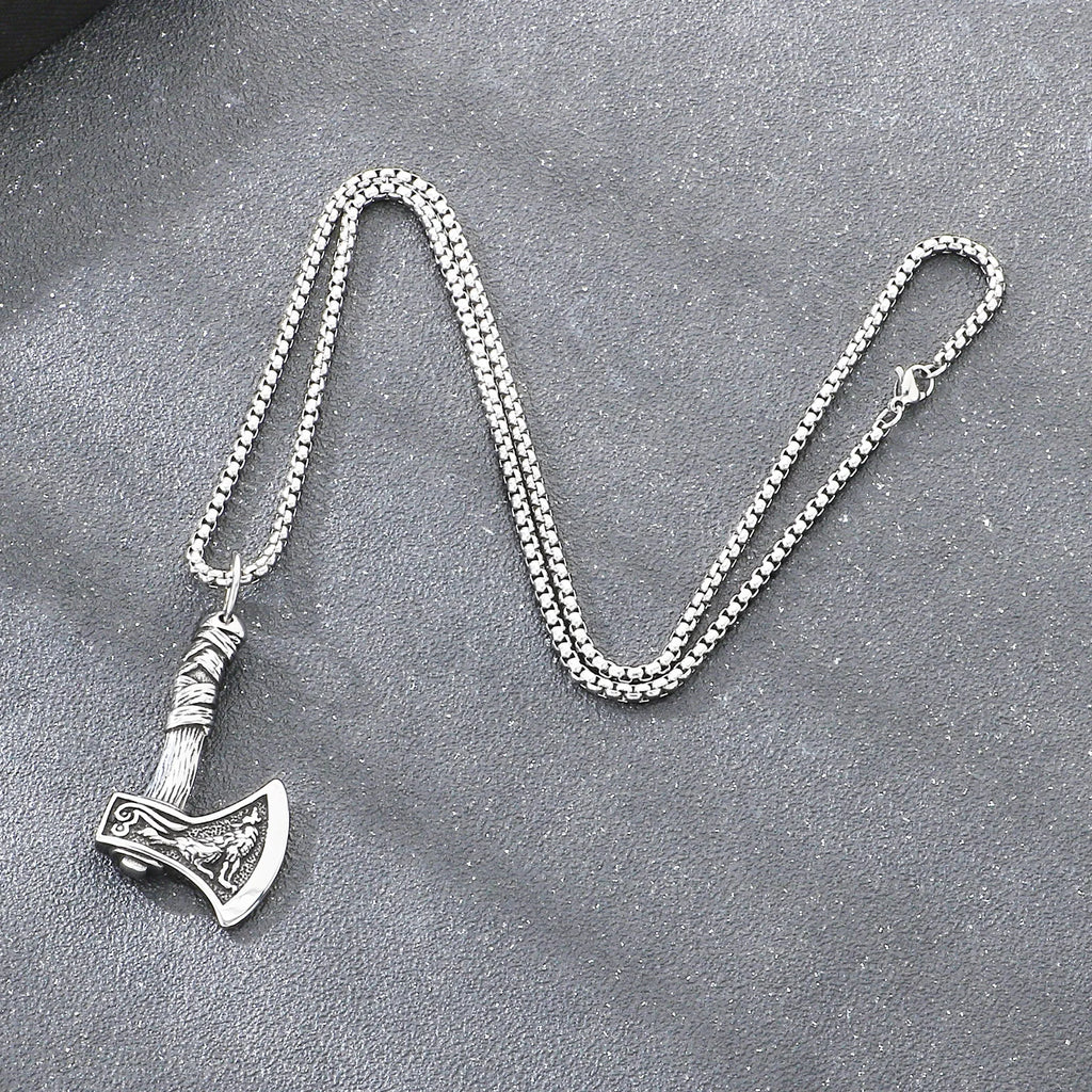 KALEN Stainless Steel 304 Nordic Viking Thor Hammer and Axe Crow Totem Pendant Necklace For Men - KP117768-LU