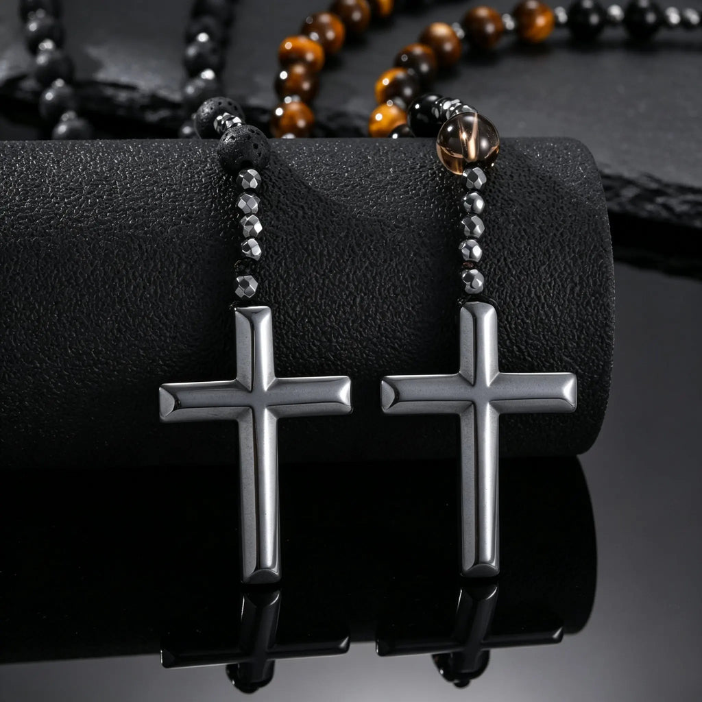 Natural Beaded Rosary Y Necklace for Men,Hematite Cross Pendant with Black Lava Tiger Eye Stone,Religious Prayer Jewelry
