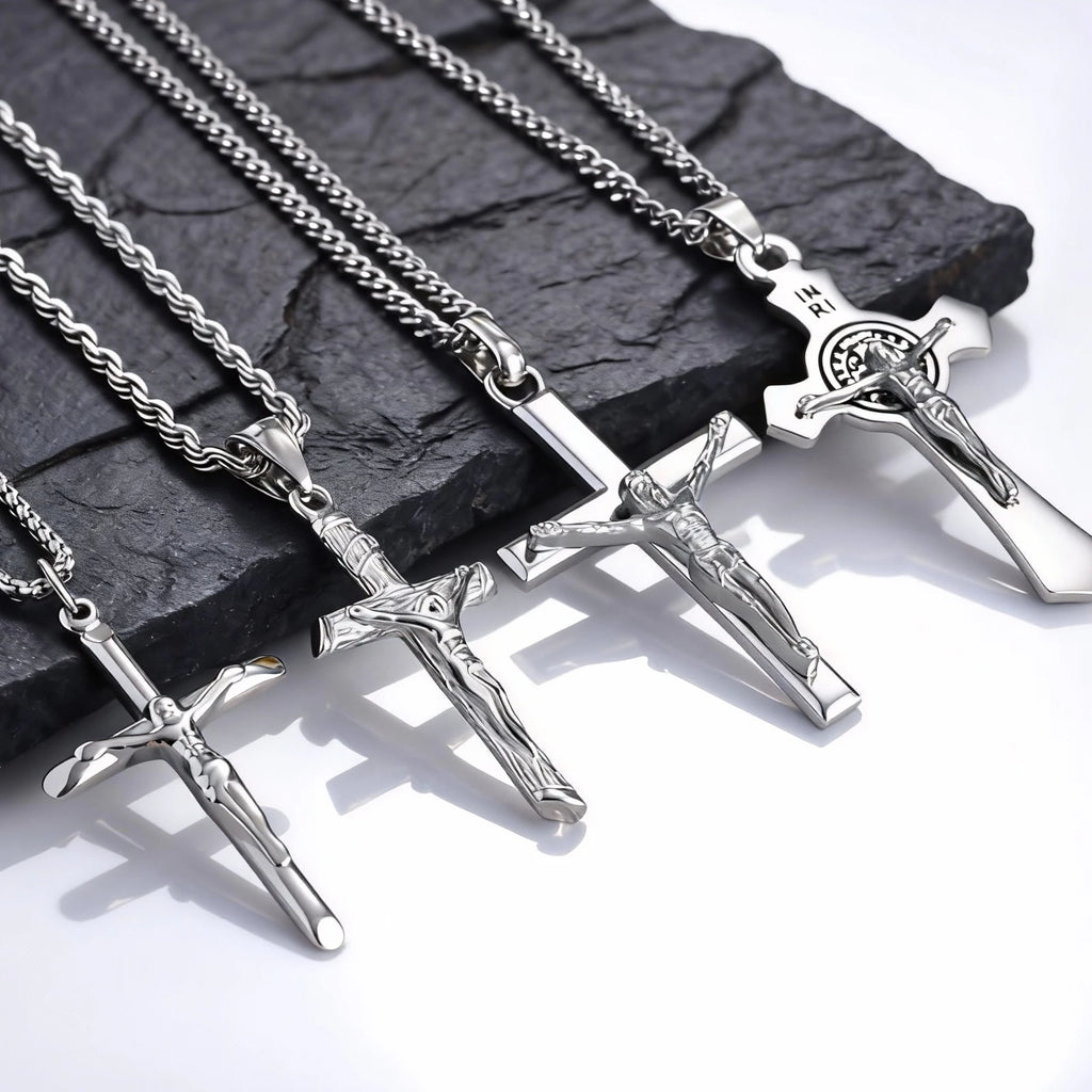 Stainless Steel Catholic Cross Necklace for Men,St. Benedict's Catholic Crucifix Pendant Necklace,Religion Gothic