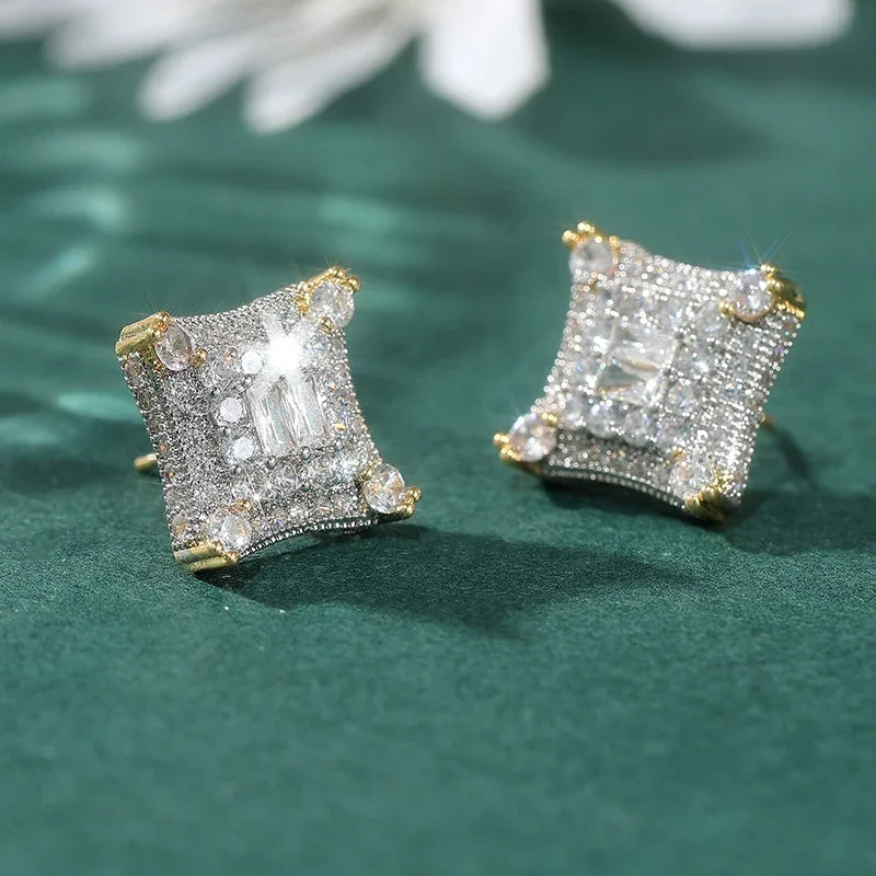 Fashion Hip Hop Inlaid Synthetic Zirconia Square Stud Earrings for Men Women Party Daily Versatile Jewelry Crafts